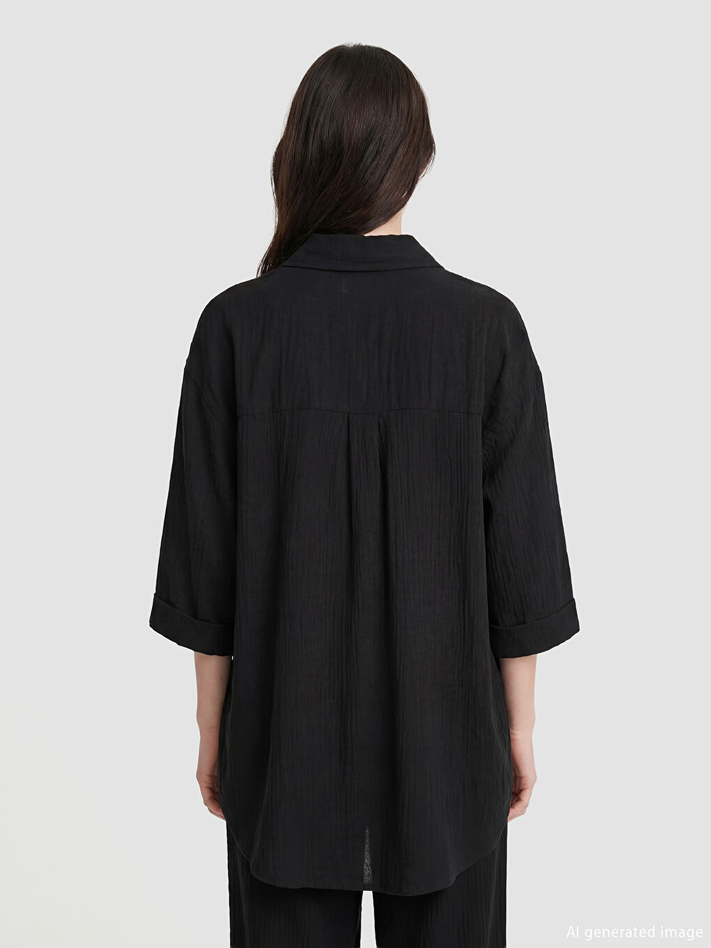 Siyah Dokulu Oversize Müslin Kadın Gömlek-3