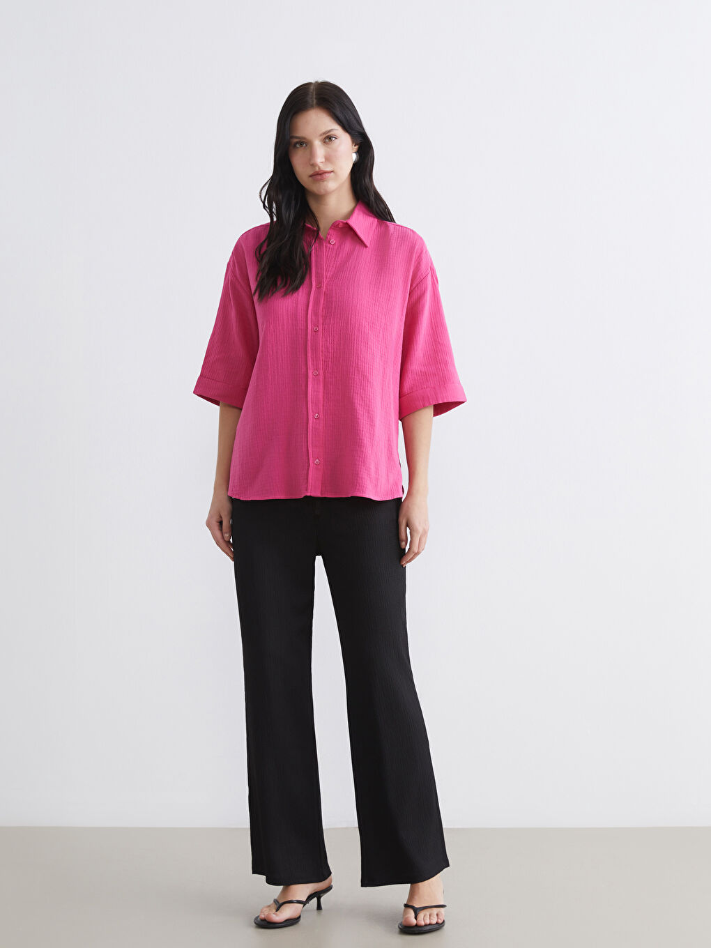 Fuşya Dokulu Oversize Müslin Kadın Gömlek-1