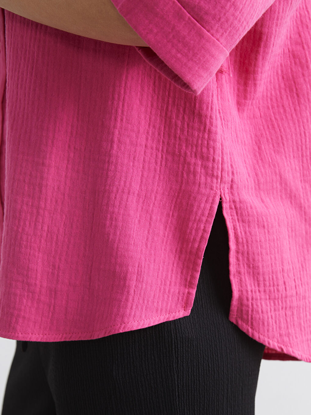 Fuşya Dokulu Oversize Müslin Kadın Gömlek-2