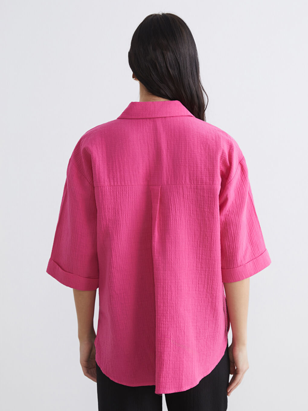 Fuşya Dokulu Oversize Müslin Kadın Gömlek-3