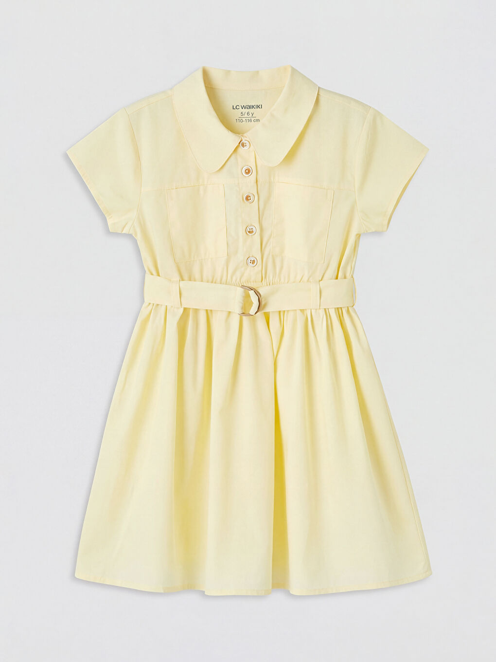 Sarı Gömlek Yaka Kız Çocuk Poplin Elbise ve Kemer