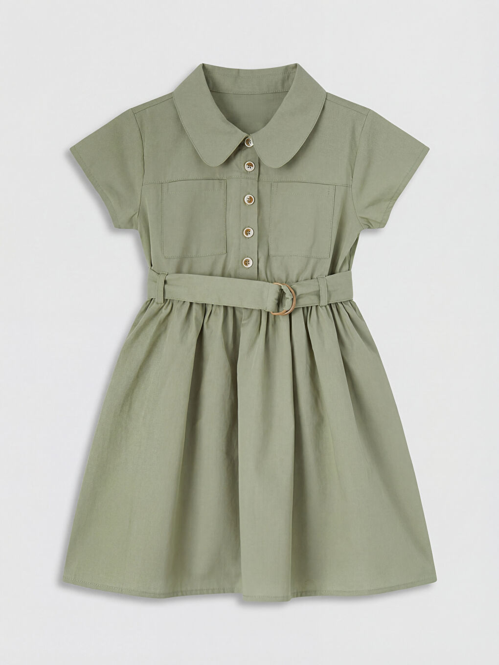 Yeşil Gömlek Yaka Kısa Kollu Kız Çocuk Poplin Elbise