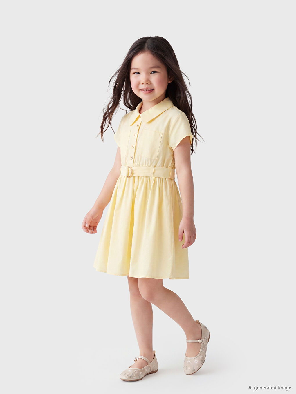 Collared Neck Girls' Poplin Dress and Belt