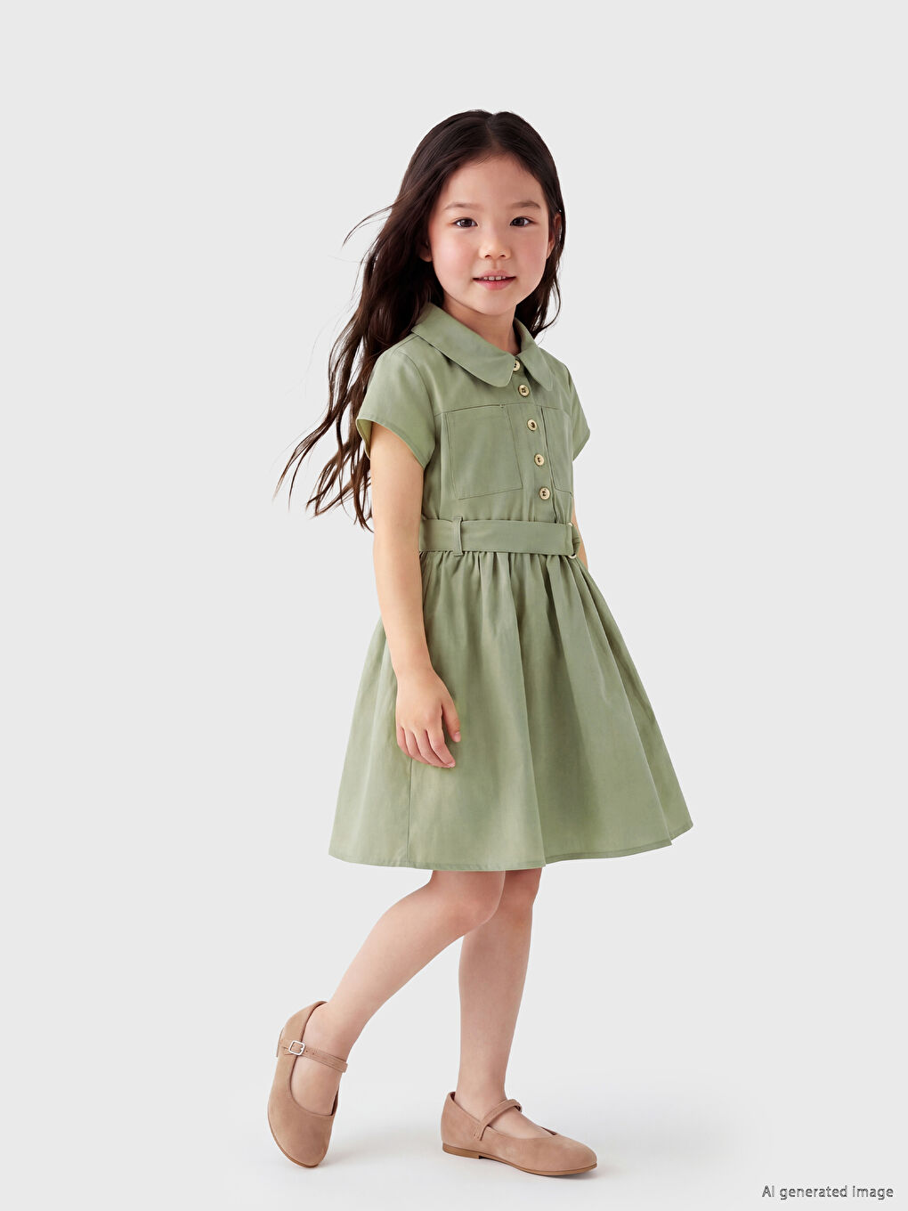 Collared Neck Girls' Poplin Dress and Belt