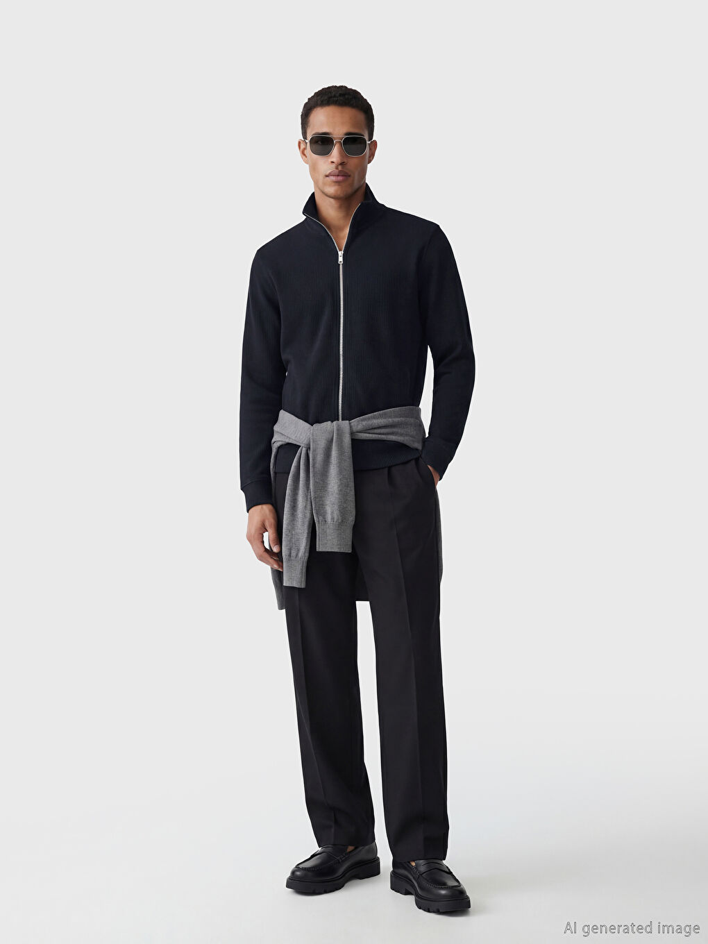 Lacivert Dik Yaka Erkek Fermuarlı Sweatshirt-1