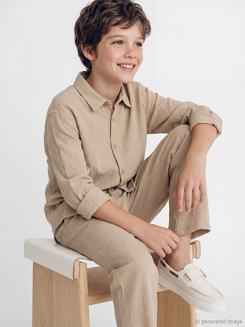 Bej Uzun Kollu Erkek Çocuk Poplin Gömlek