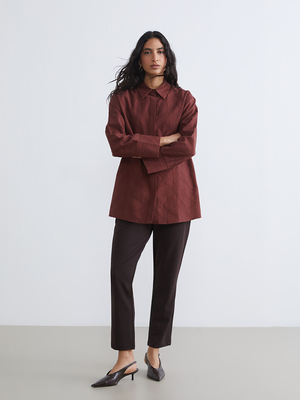 Kahverengi Nakışlı Kadın Gömlek Tunik-1