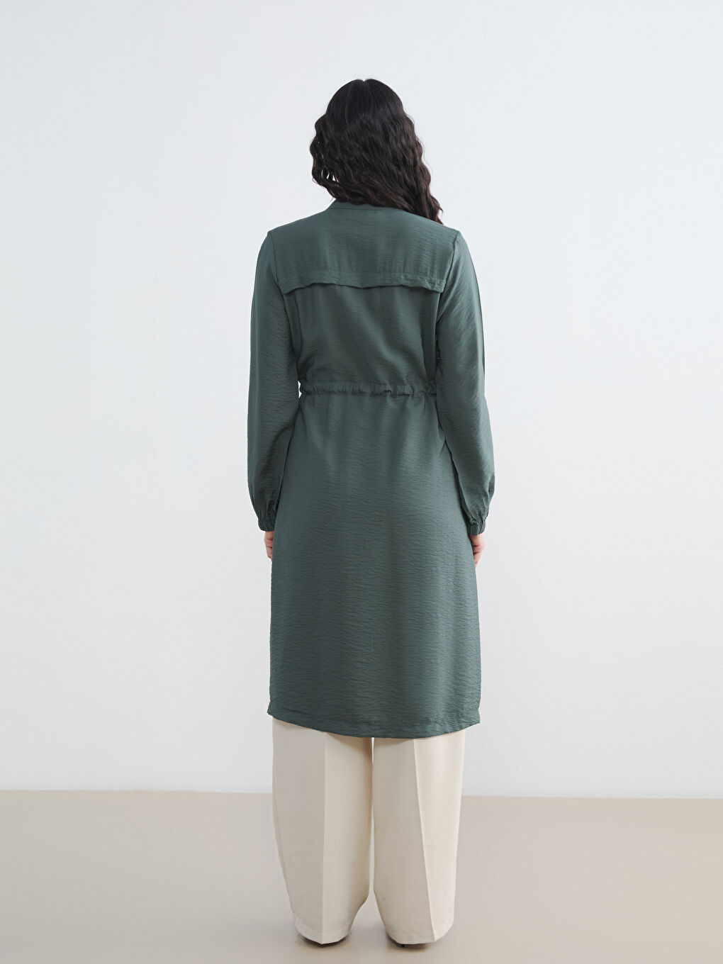 Yeşil Hakim Yaka Beli Büzgülü Kadın Tunik-3