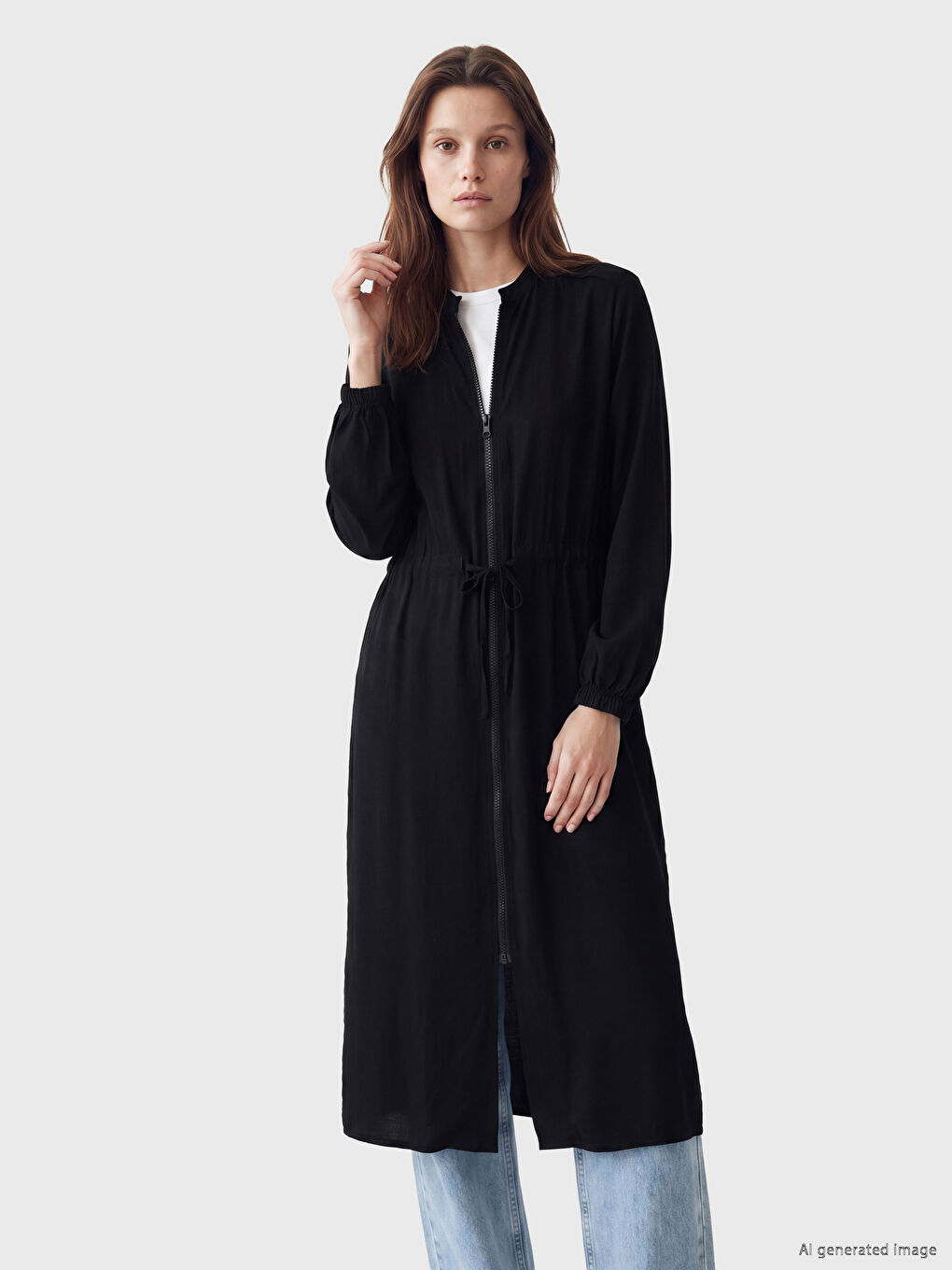 Grandad Collar Waist Shirred Women's Tunic-1