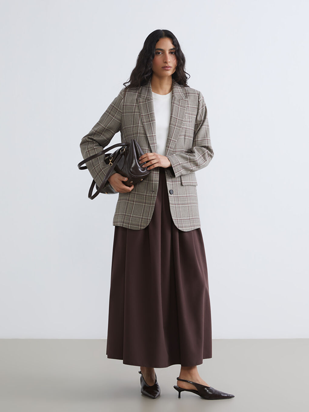 Kahverengi Ekose Kadın Blazer Ceket-1