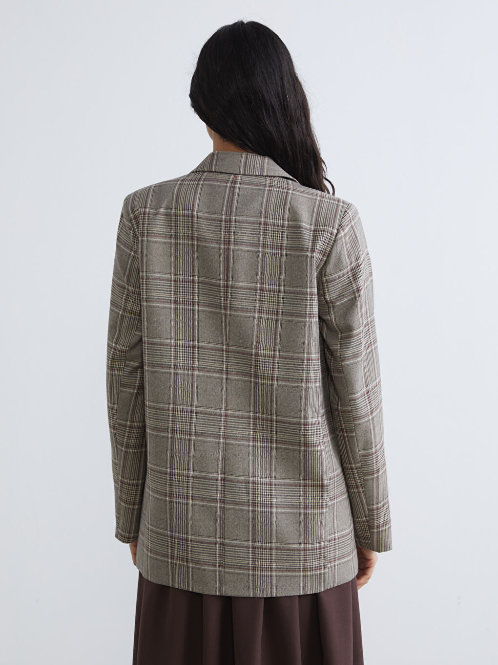 Kahverengi Ekose Kadın Blazer Ceket-4