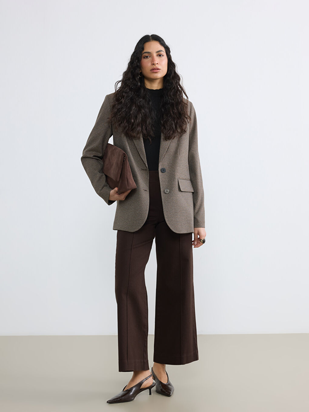 Kahverengi Ekose Kadın Blazer Ceket-1