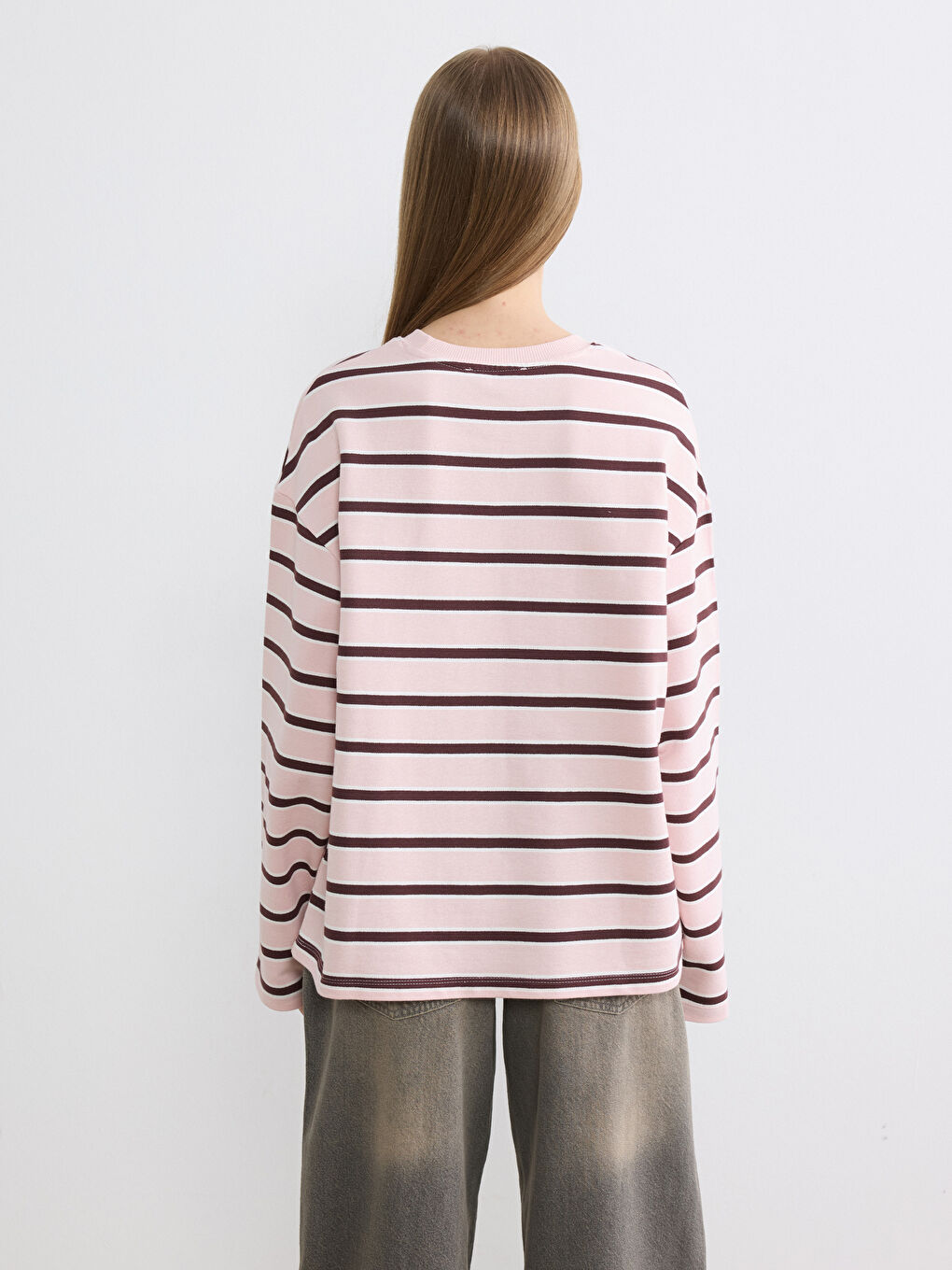 Суитшърт за жени с кръгло деколте, раиран, овърсайз-3