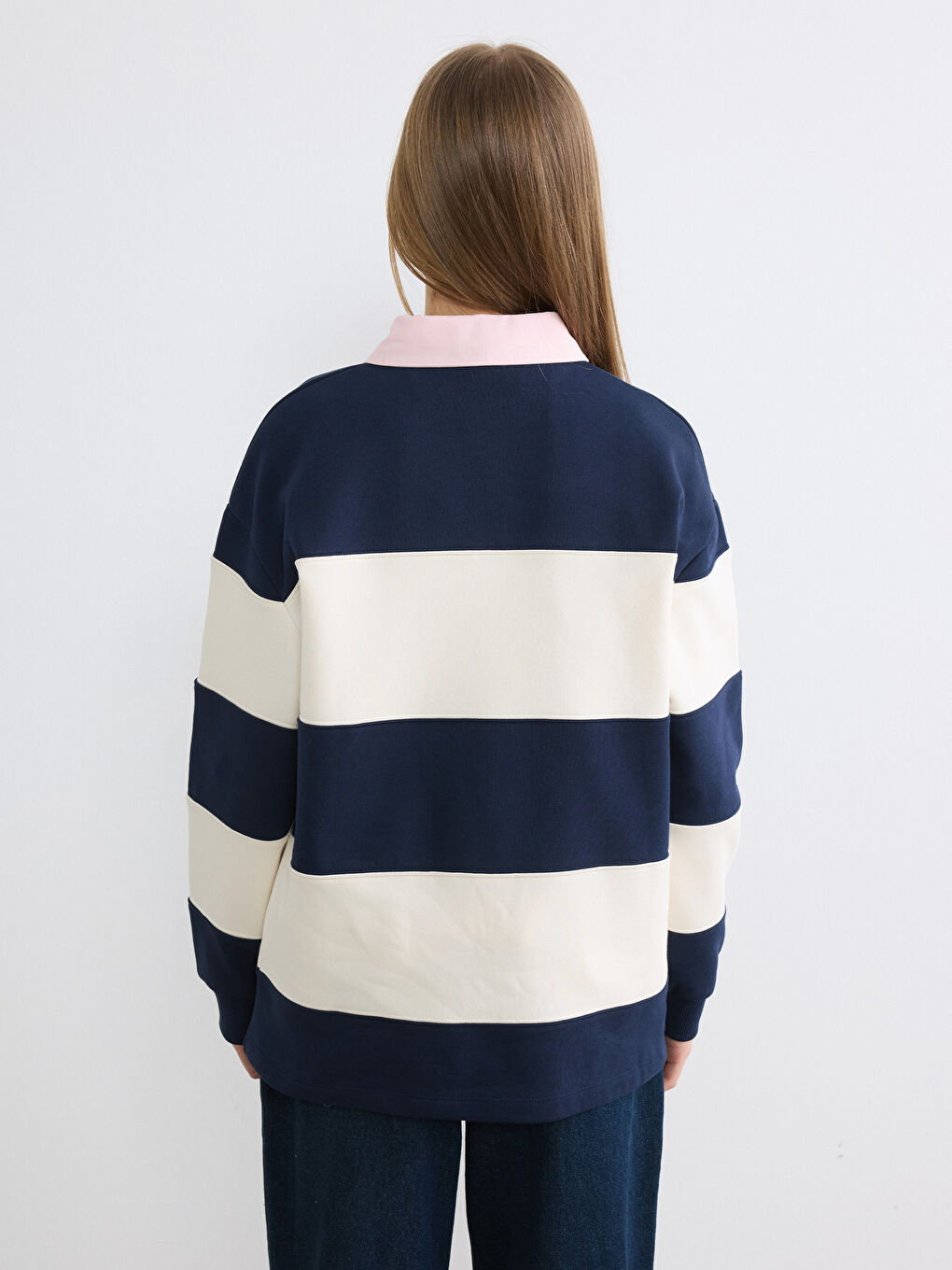 Суитшърт с поло яка, бродиран, овърсайз, плътен за жени-3