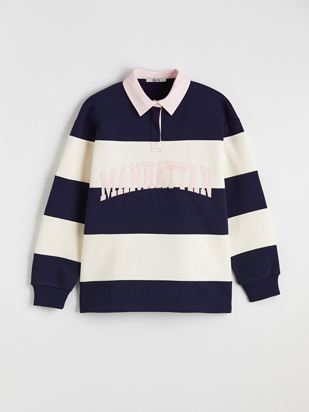 Суитшърт с поло яка, бродиран, овърсайз, плътен за жени-4