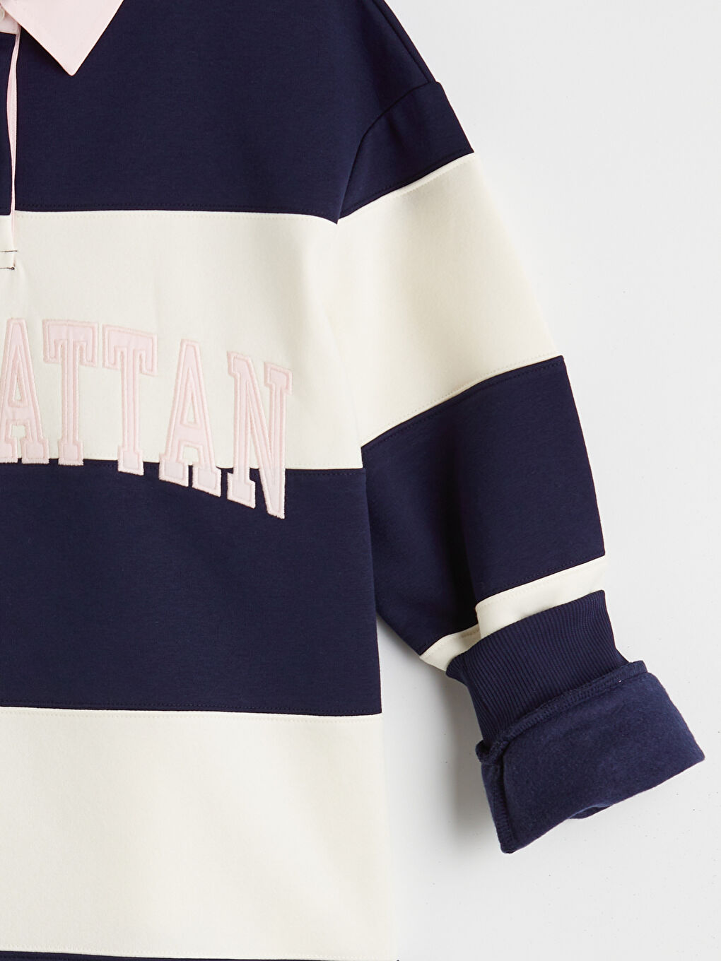 Суитшърт с поло яка, бродиран, овърсайз, плътен за жени-5