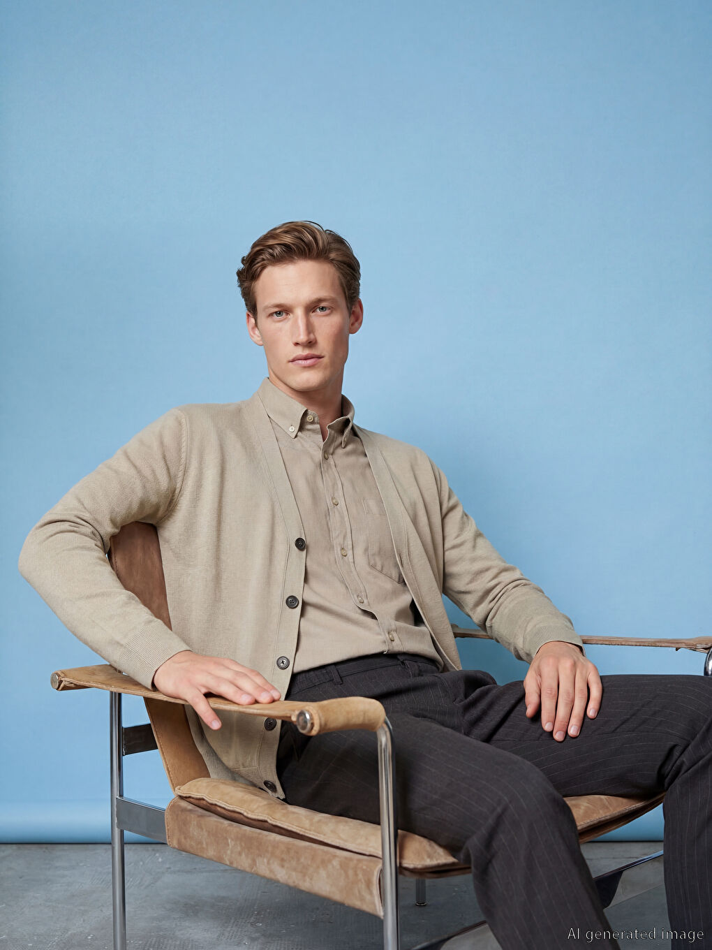 Bej Standart Kalıp V Yaka Erkek Triko Hırka