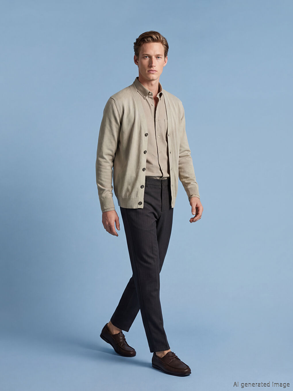 Bej Standart Kalıp V Yaka Erkek Triko Hırka-1