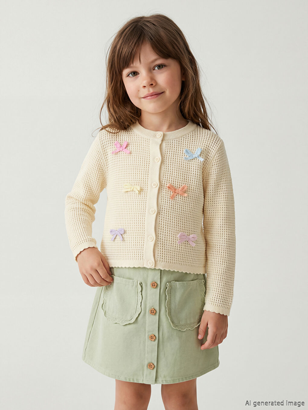 Дөңгелек жағалы бантикпен безендірілген қыздарға арналған трикотаж кардиган