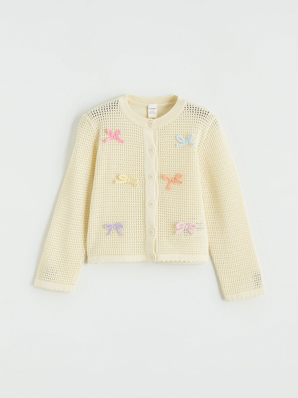 Ekru Bisiklet Yaka Fiyonk Detaylı Kız Çocuk Triko Hırka