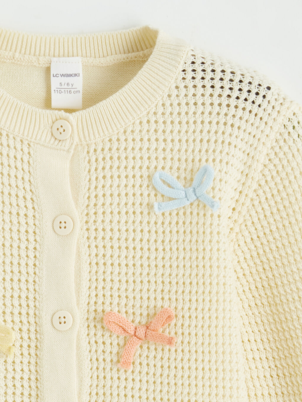 Ekru Bisiklet Yaka Fiyonk Detaylı Kız Çocuk Triko Hırka-1