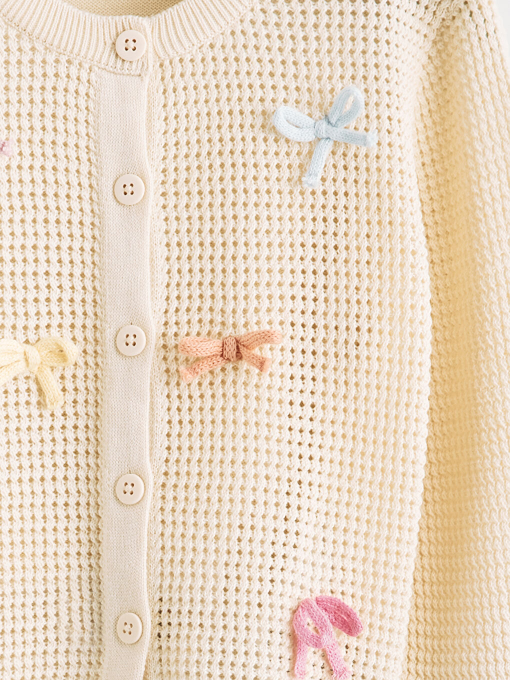 Ekru Kız Çocuk Fiyonk Nakışlı Triko Hırka-2