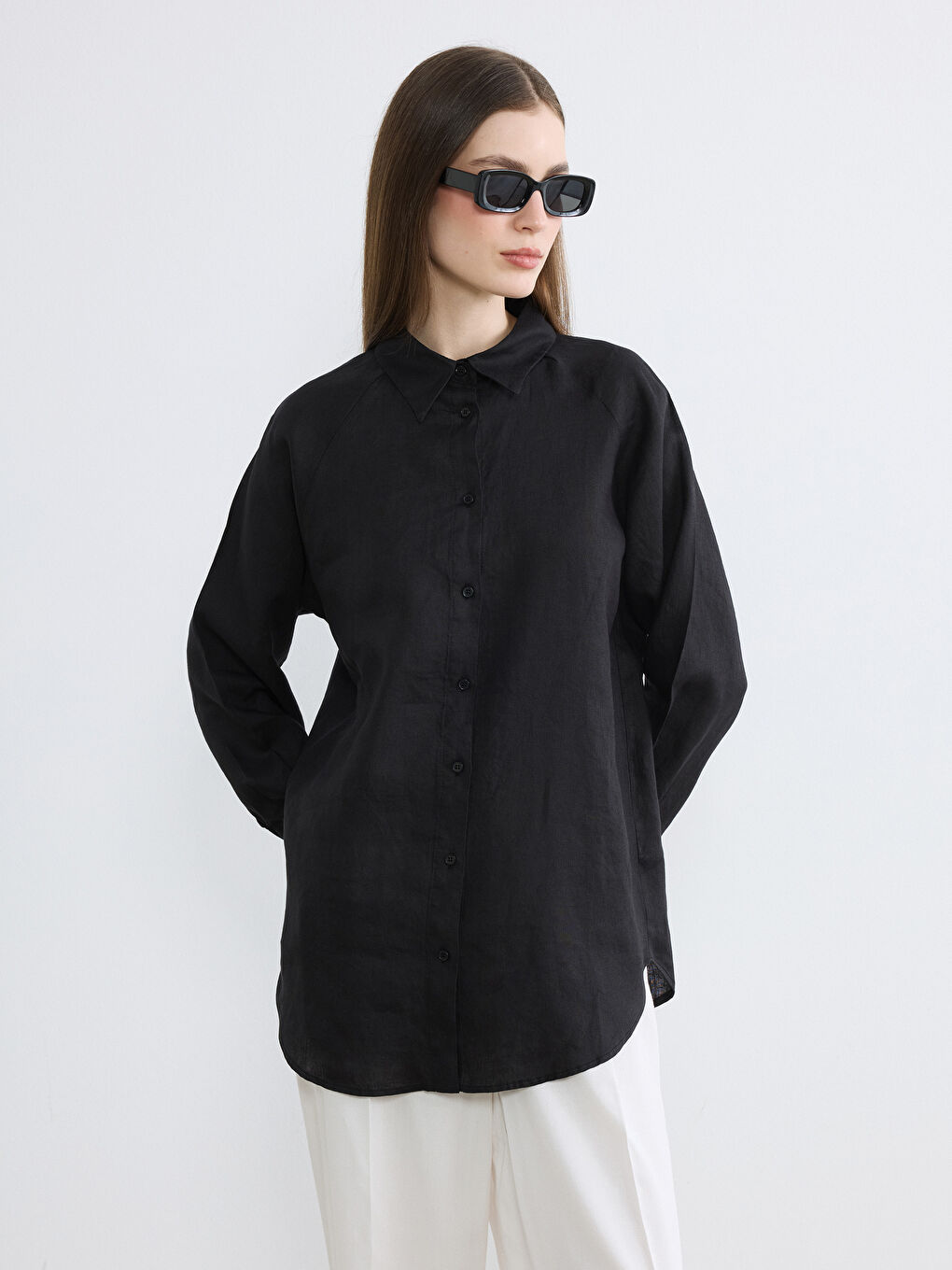 Siyah Kadın Uzun Kollu Keten Gömlek-0