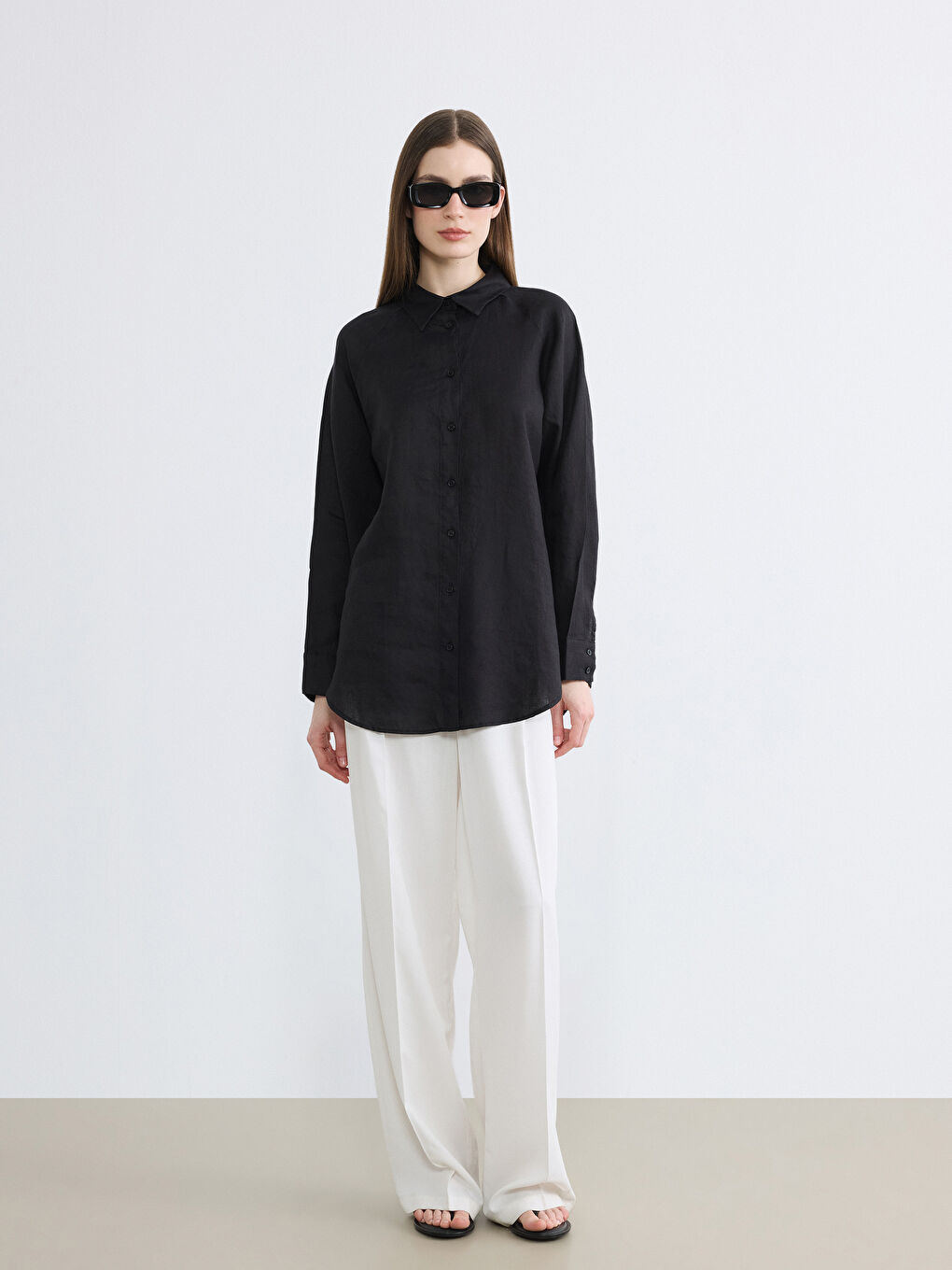 Siyah Kadın Uzun Kollu Keten Gömlek-1
