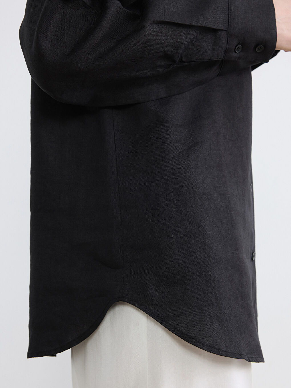 Siyah Kadın Uzun Kollu Keten Gömlek-2