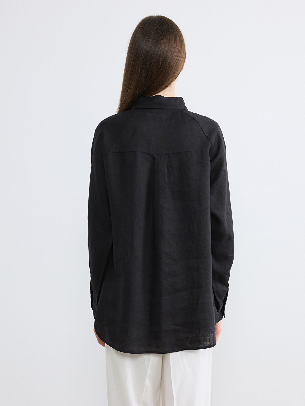 Siyah Kadın Uzun Kollu Keten Gömlek-3