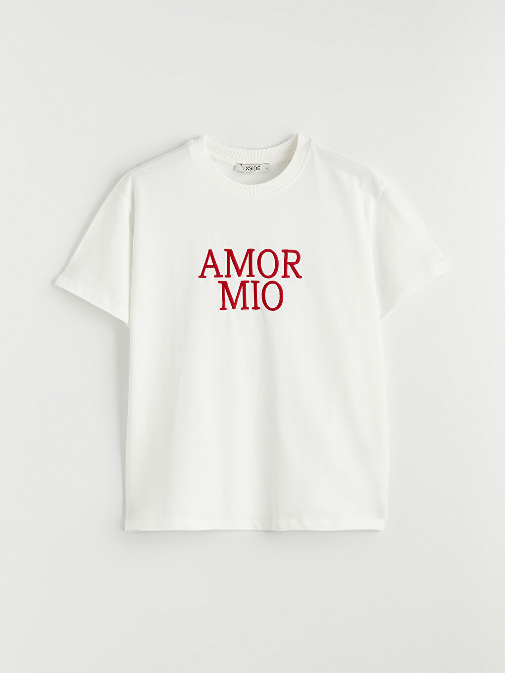 Ekru Bisiklet Yaka Baskılı Kadın Tişört-4