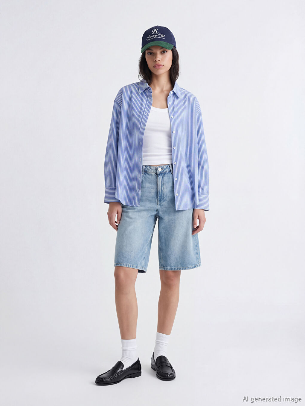 Mavi Çizgili Oversize Oxford Kadın Gömlek-1