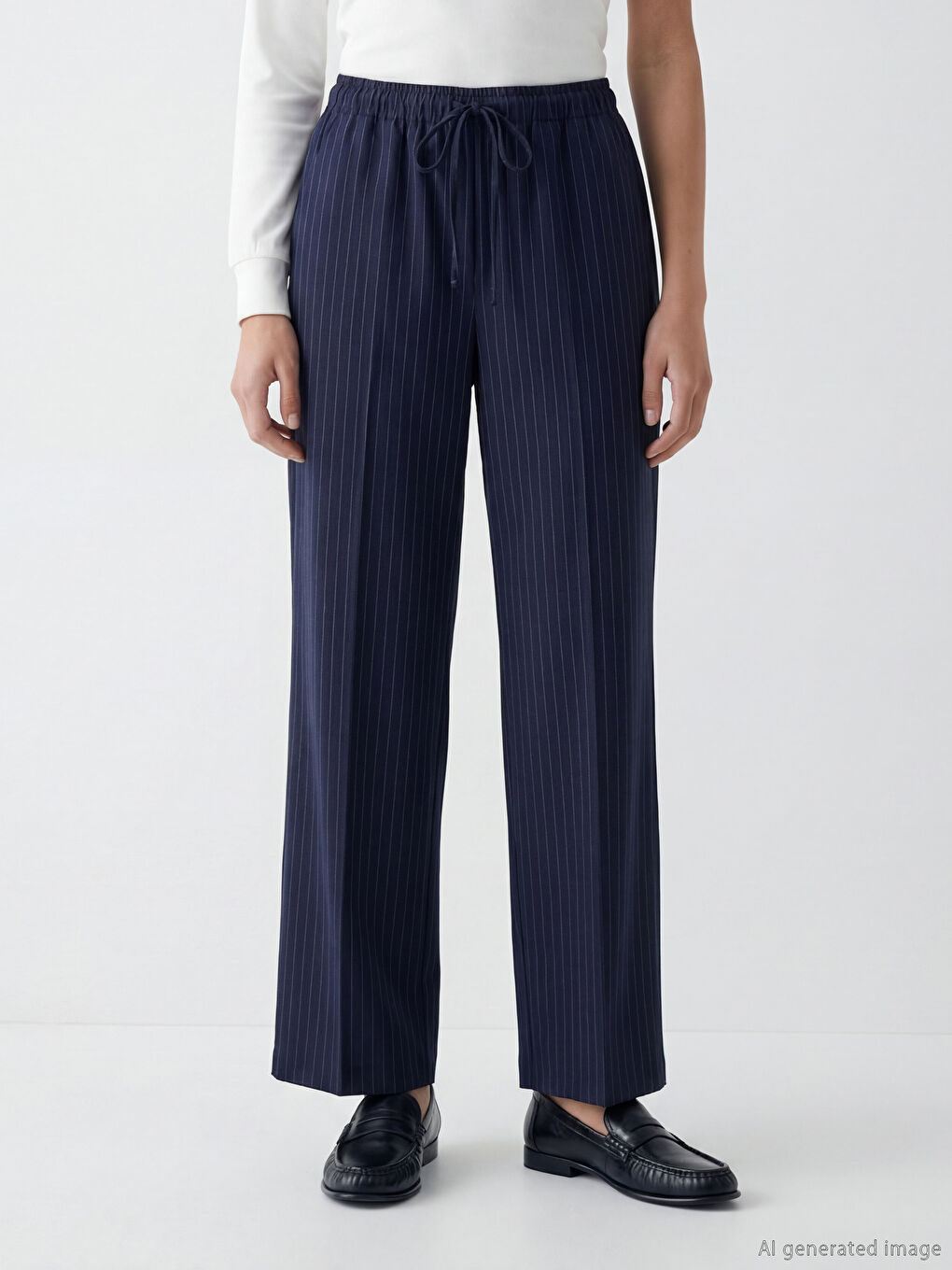 Lacivert Beli Lastikli Çizgili Geniş Paça Kadın Pantolon-1