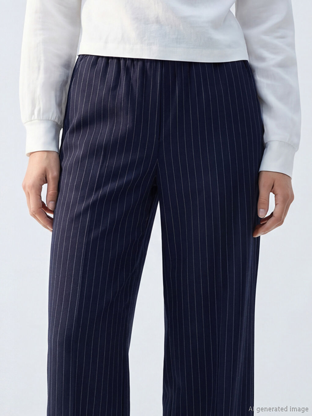 Lacivert Beli Lastikli Çizgili Geniş Paça Kadın Pantolon-2