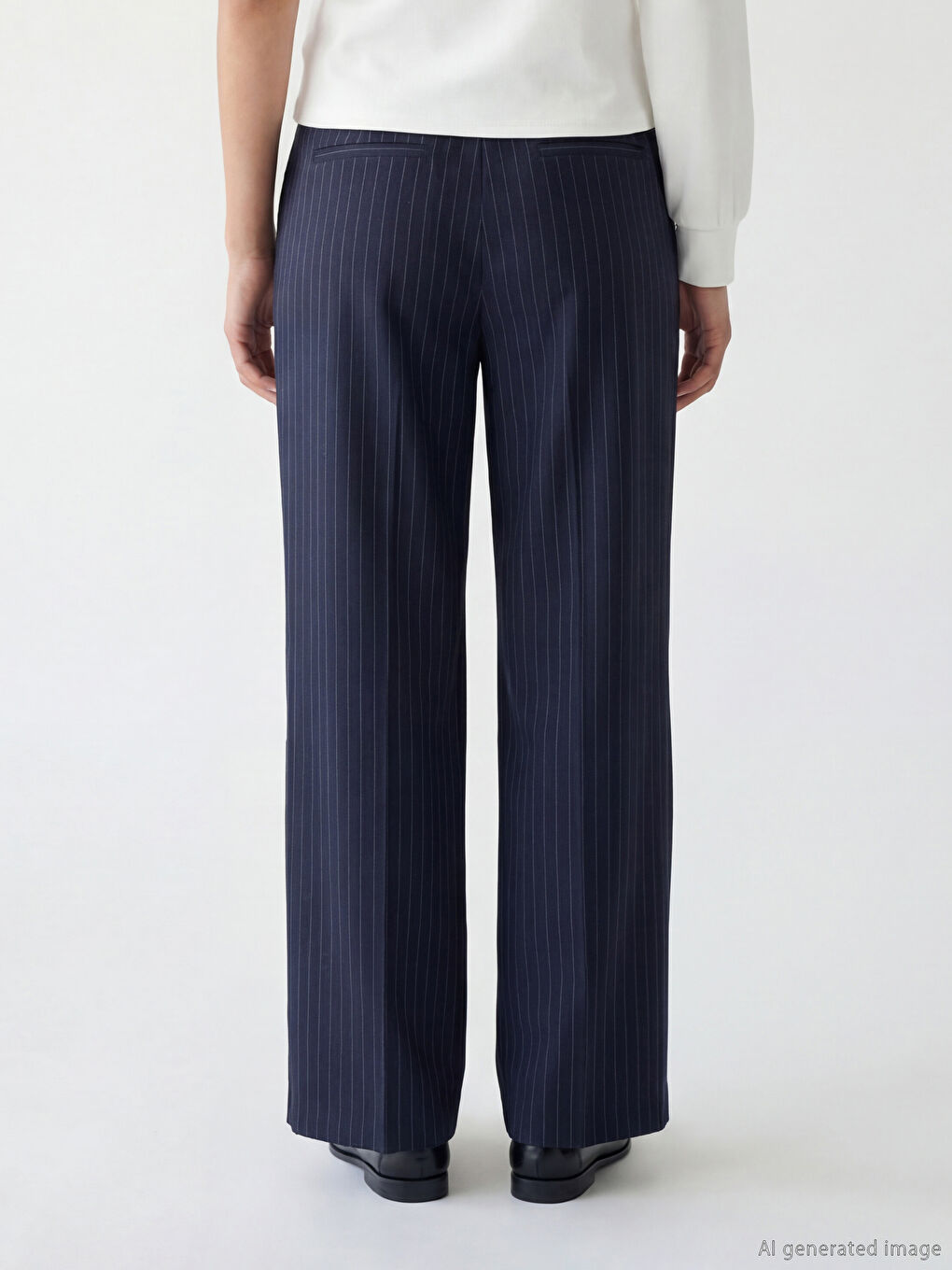 Lacivert Beli Lastikli Çizgili Geniş Paça Kadın Pantolon-3