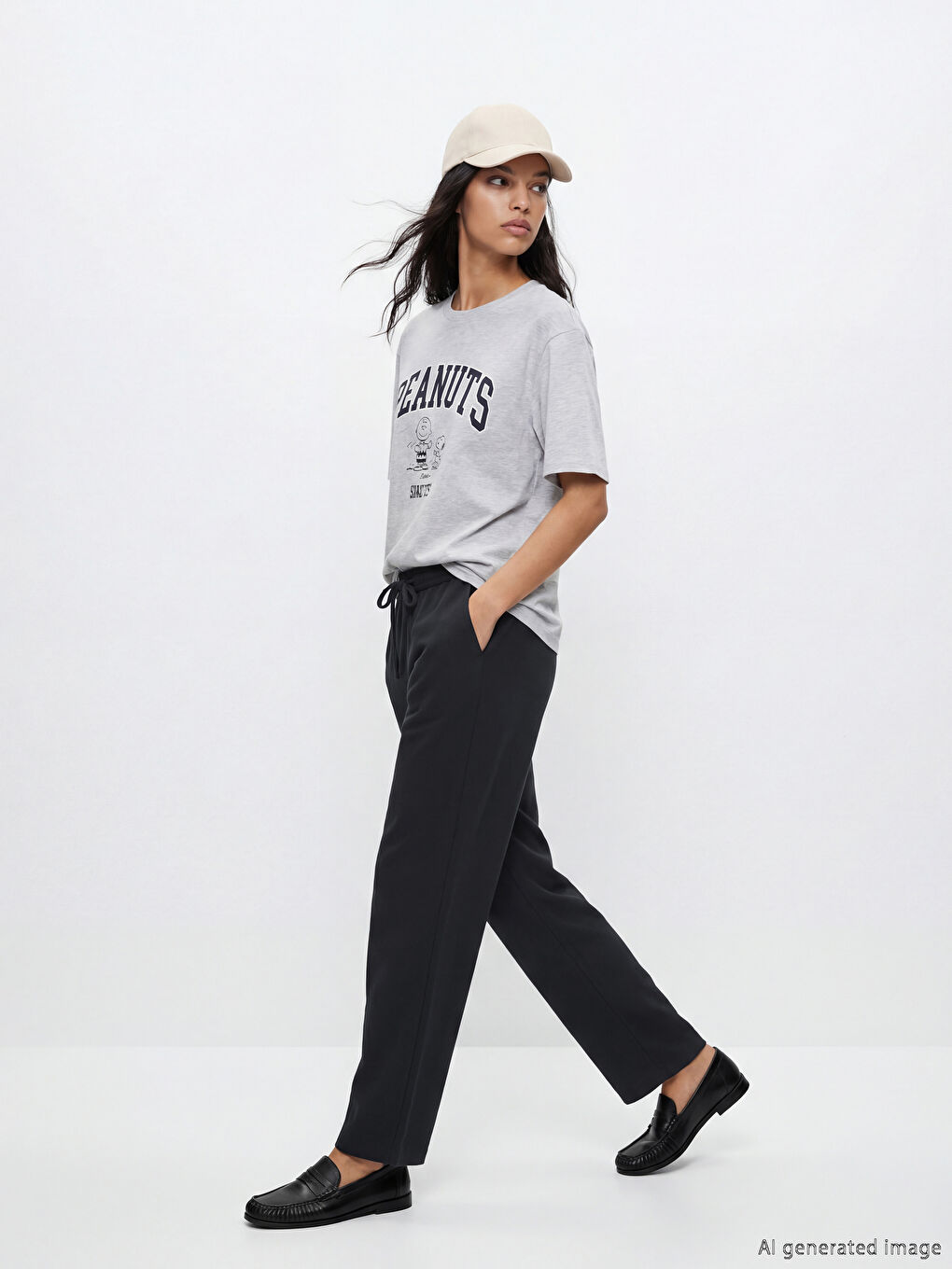 Lacivert Beli Lastikli Loose Fit Kadın Pantolon	