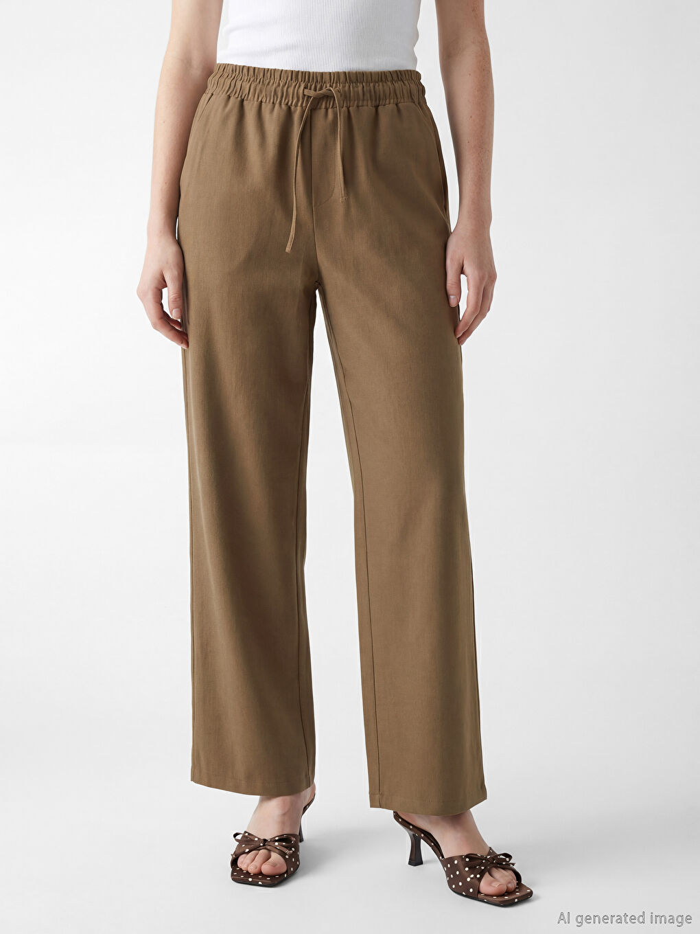 Haki Beli Lastikli Geniş Paça Kadın Pantolon-1