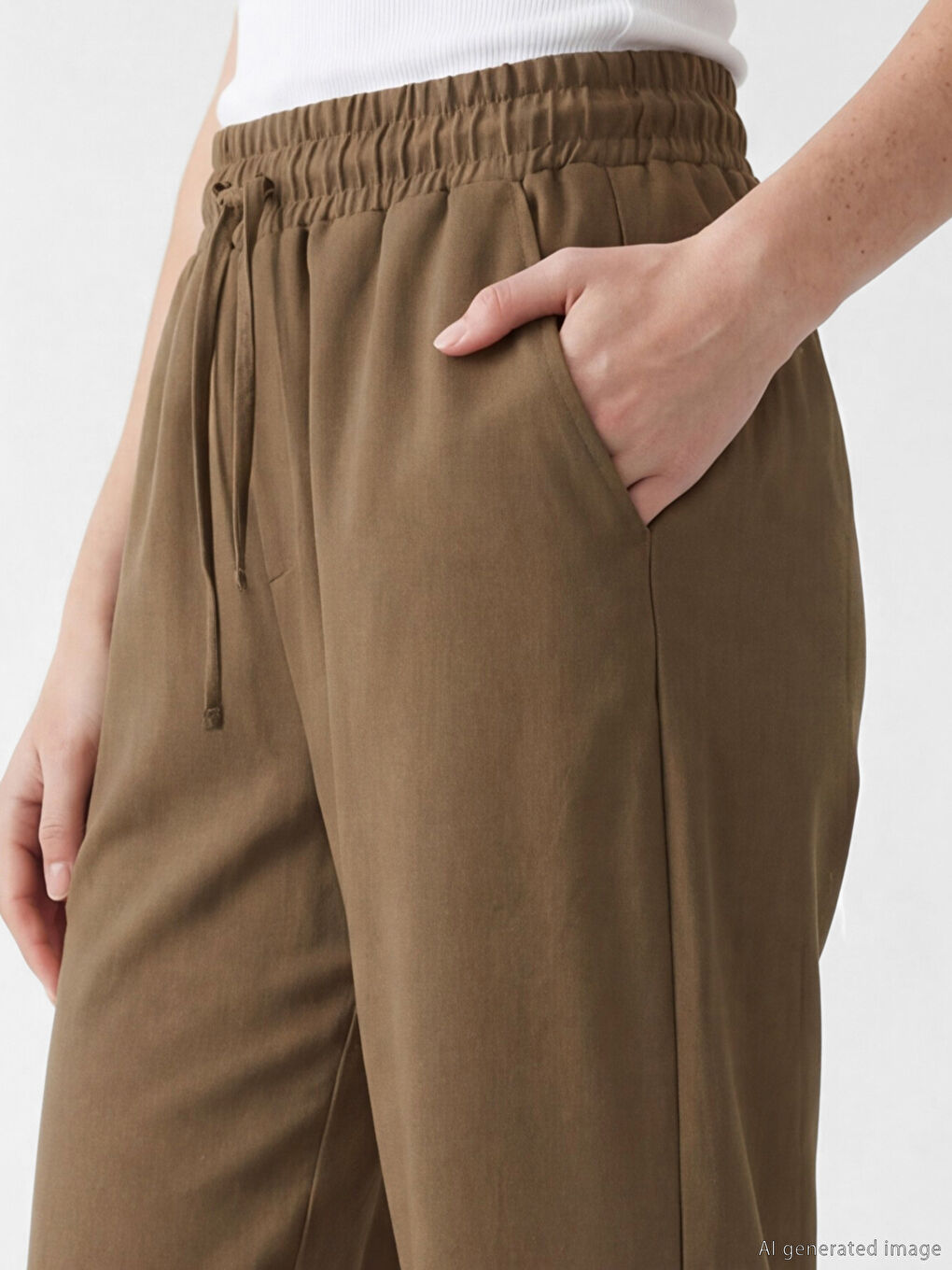 Haki Beli Lastikli Geniş Paça Kadın Pantolon-2