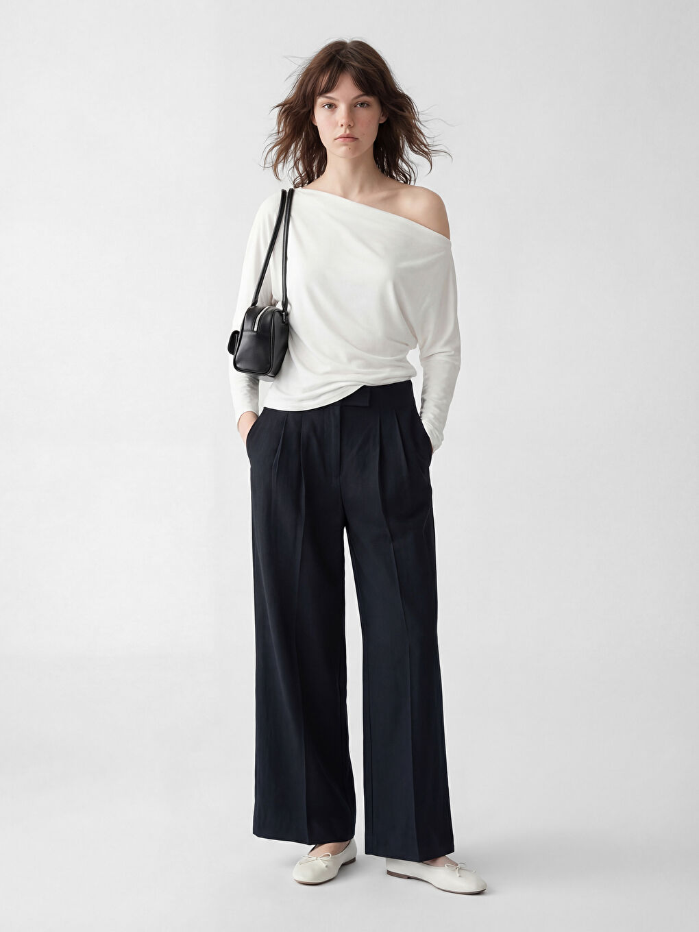 Lacivert Yüksek Bel Geniş Paça Kadın Kumaş Pantolon