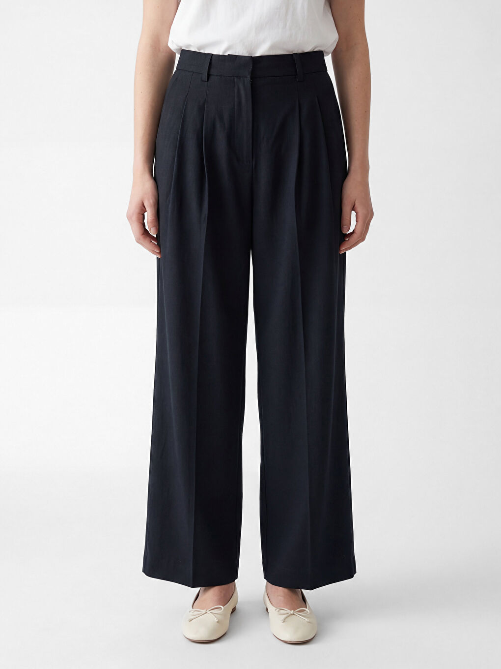 Lacivert Yüksek Bel Geniş Paça Kadın Kumaş Pantolon-1