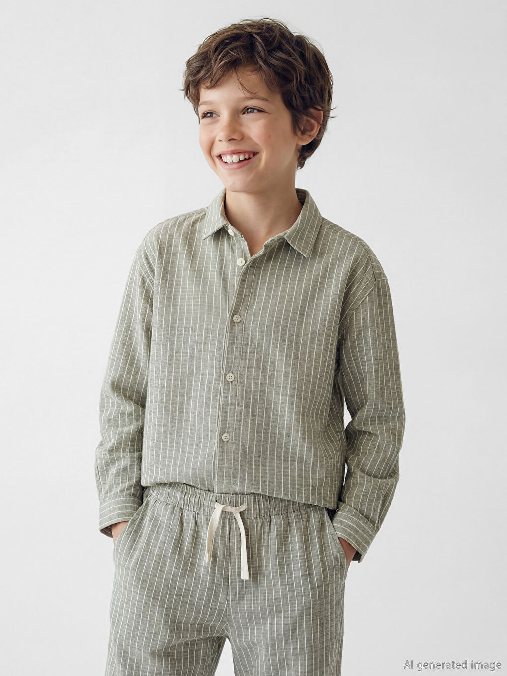 Haki Erkek Çocuk Çizgili Poplin Gömlek