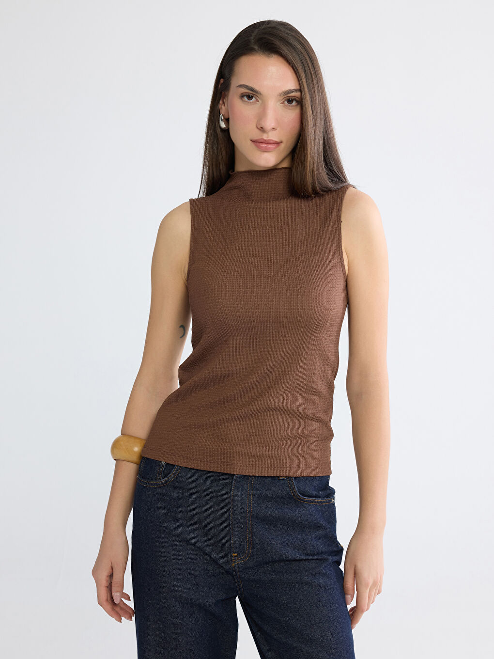 Kahverengi Dik Yaka Dokulu Bluz