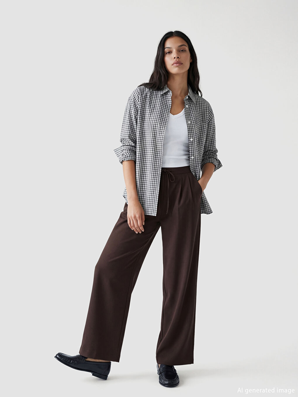 Kahverengi Beli Lastikli Geniş Paça Pileli Kadın Pantolon