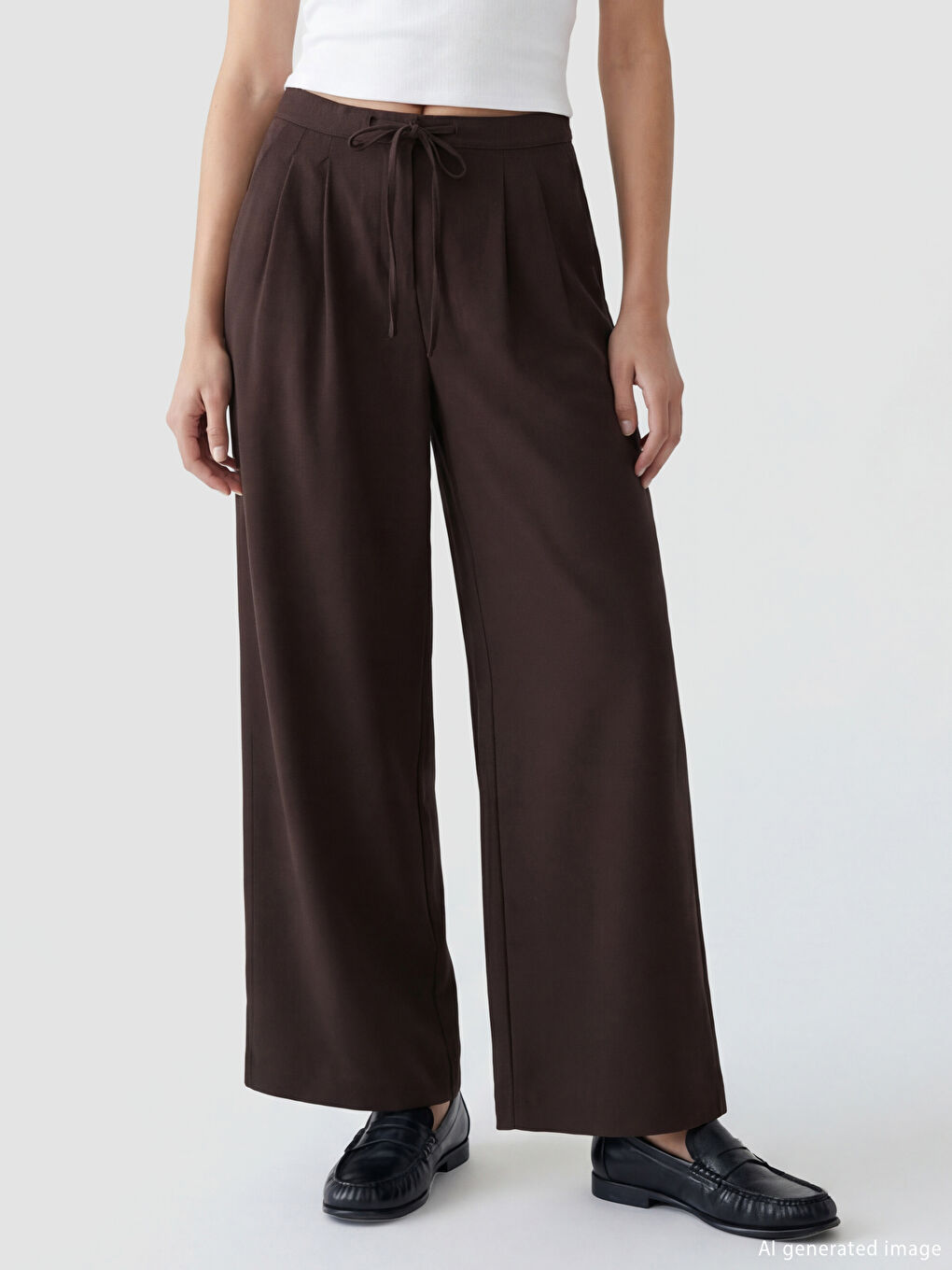 Kahverengi Beli Lastikli Geniş Paça Pileli Kadın Pantolon-1