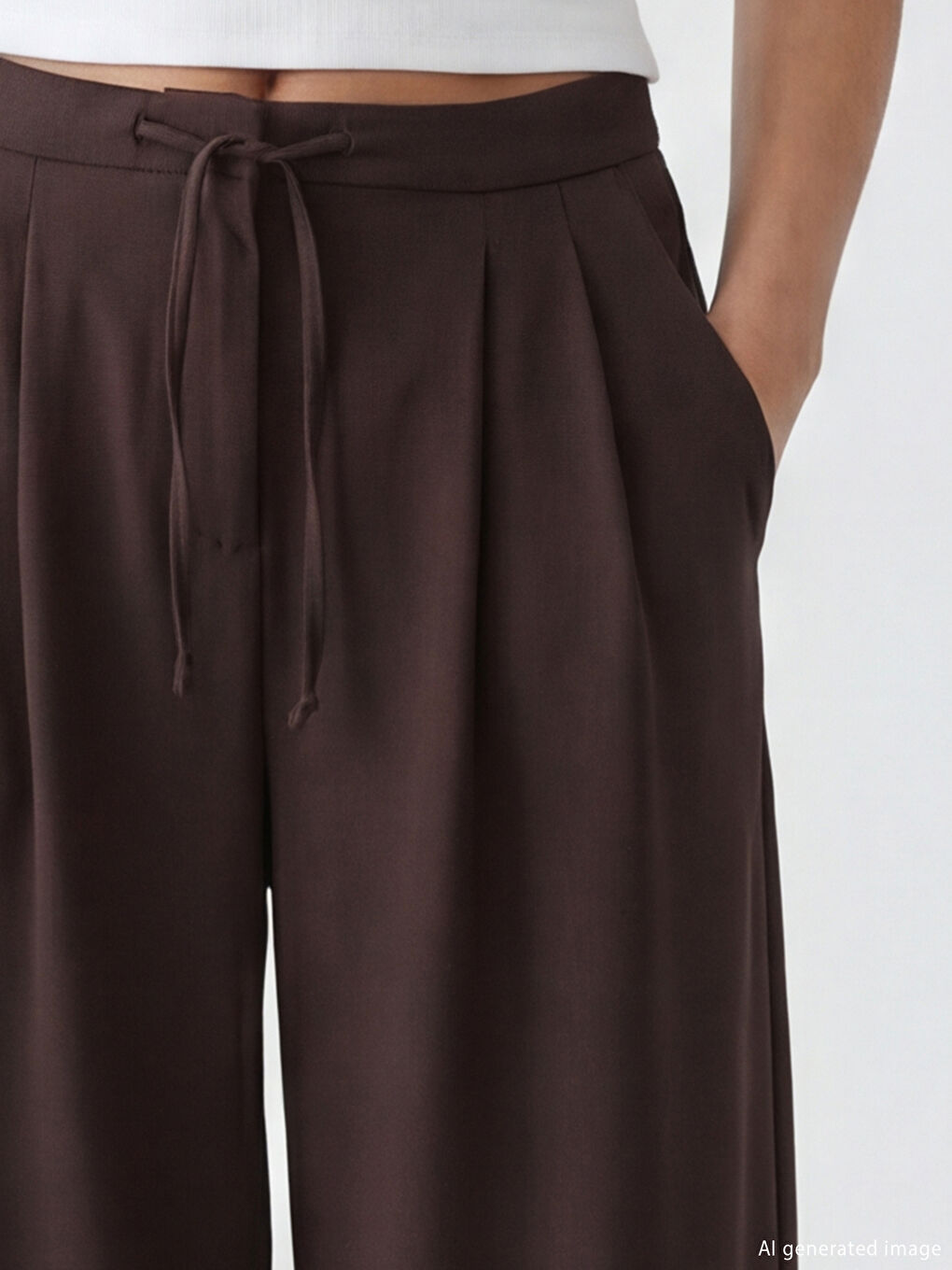 Kahverengi Beli Lastikli Geniş Paça Pileli Kadın Pantolon-2