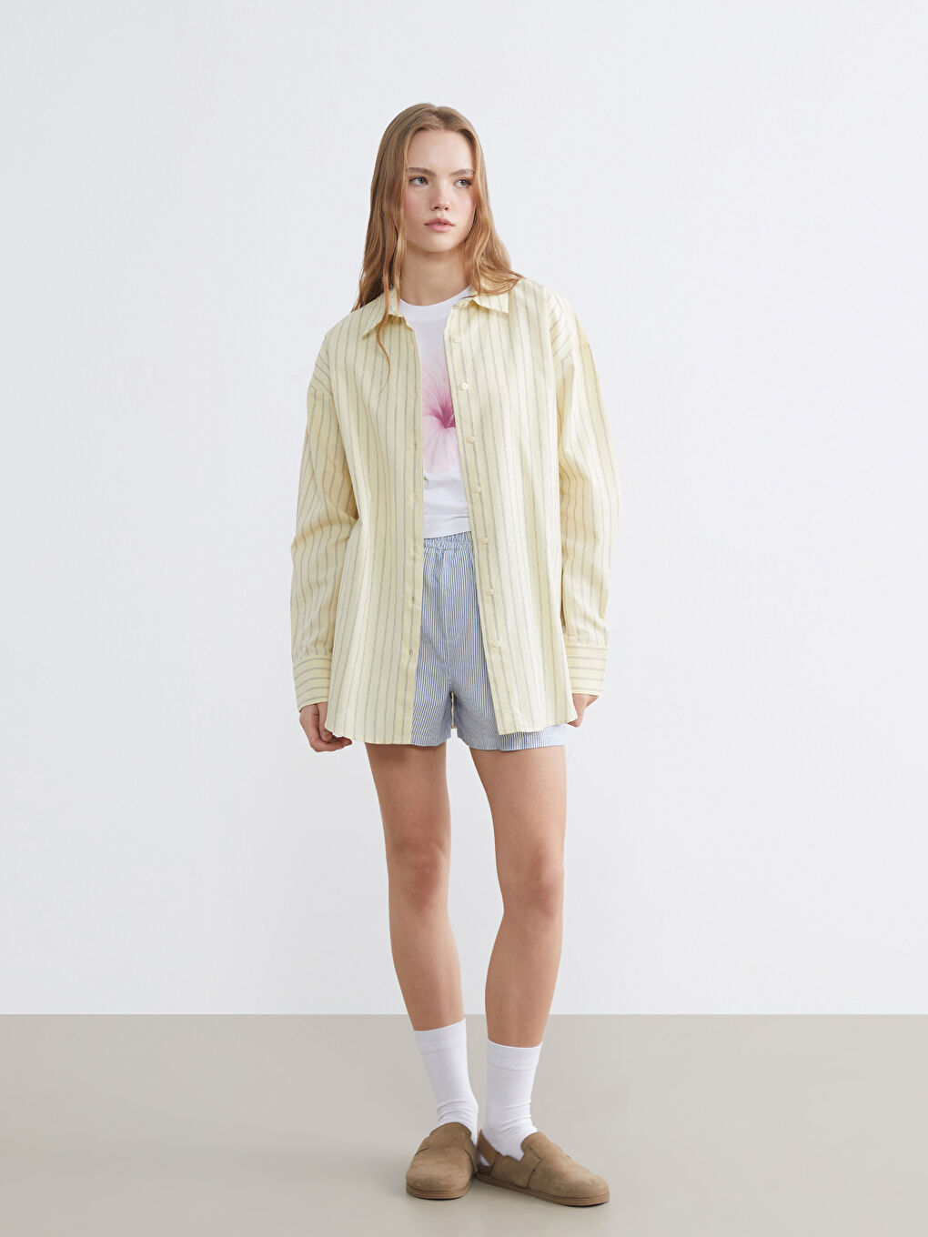 Sarı Çizgili Oxford Oversize Kadın Gömlek-1