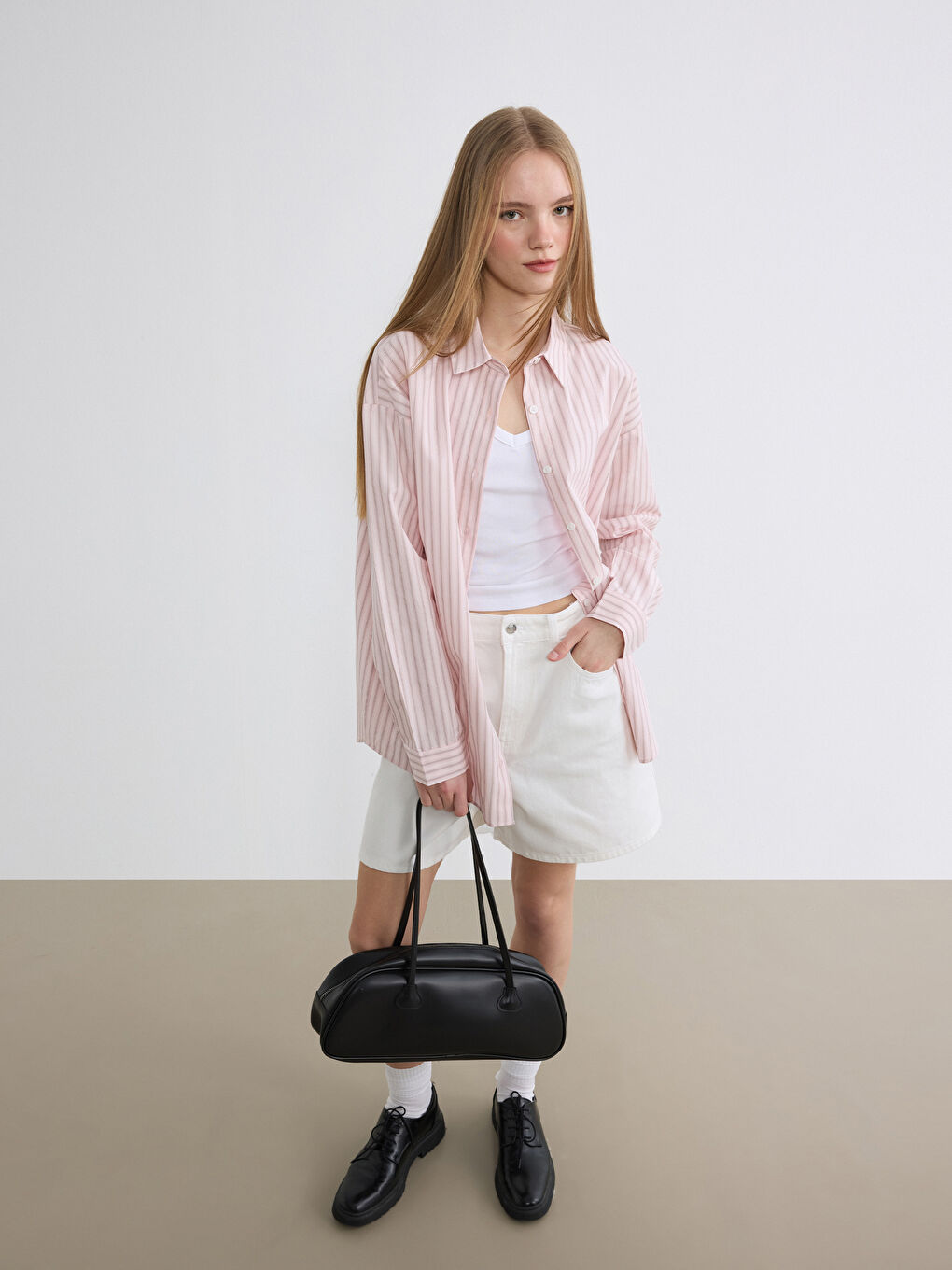 Pembe Çizgili Oxford Kadın Gömlek