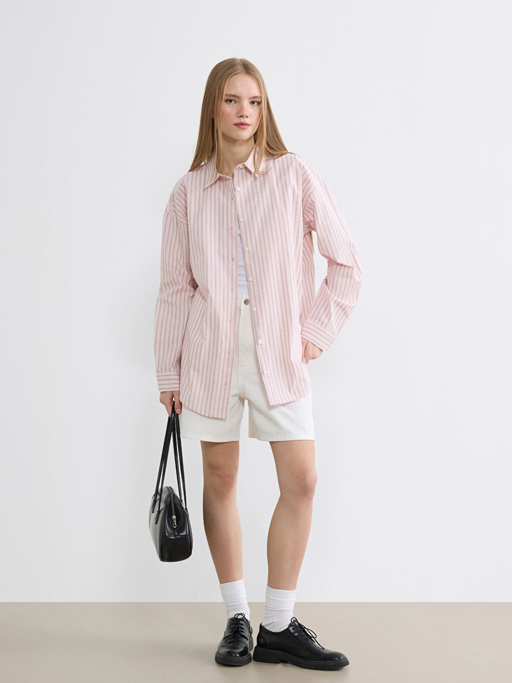 Pembe Çizgili Oxford Kadın Gömlek-1