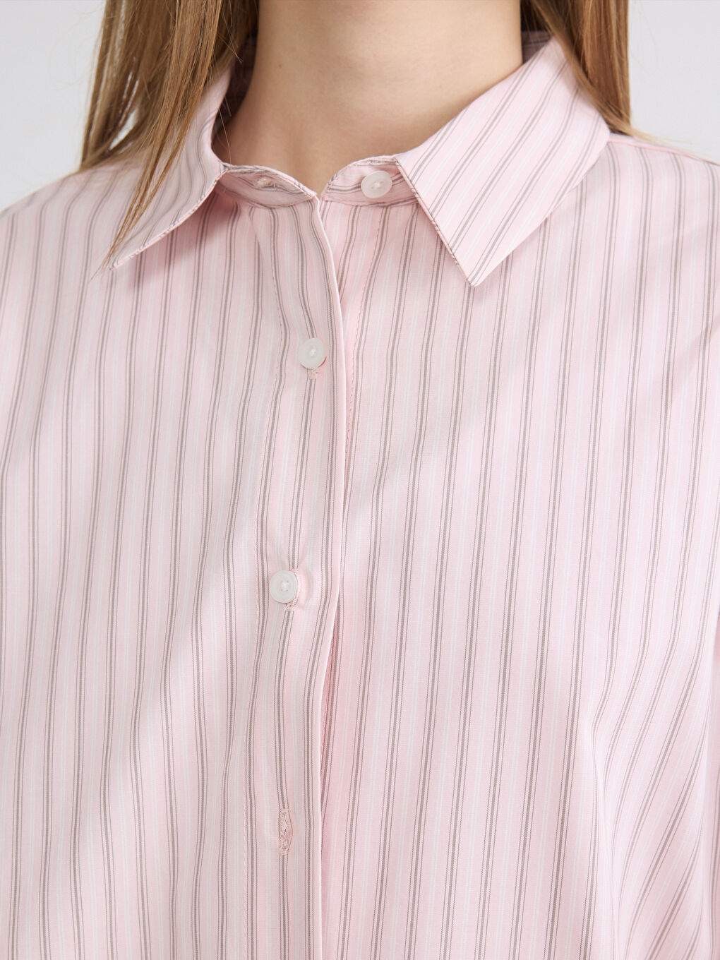 Pembe Çizgili Oxford Kadın Gömlek-2