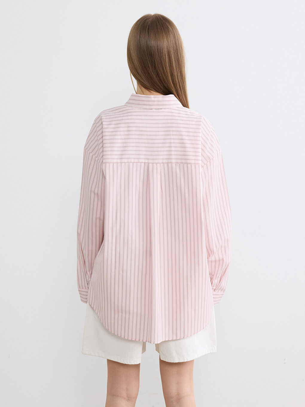 Pembe Çizgili Oxford Kadın Gömlek-3